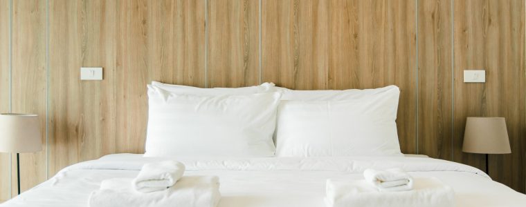 Clean hotel bedroom wooden wall vintage retro cozy style