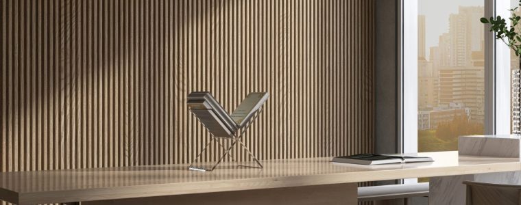 Meeting, living room with long table by window in sunlight on corrugated wooden wall, white floor for luxury, minimal interior design decoration, architecture, product background 3D