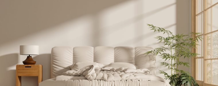 A soothing bedroom design featuring soft textiles, greenery, and an inviting aesthetic perfect for relaxation.