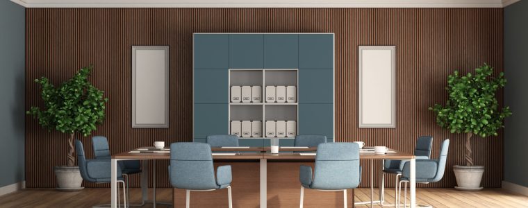 Modern boardroom with meeting table,office chair and wooden panel on background - 3d rendering