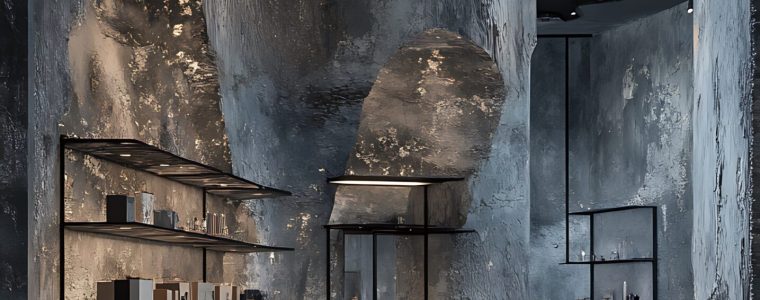 Modern retail store interior with textured concrete walls, shelves, and a skylight.