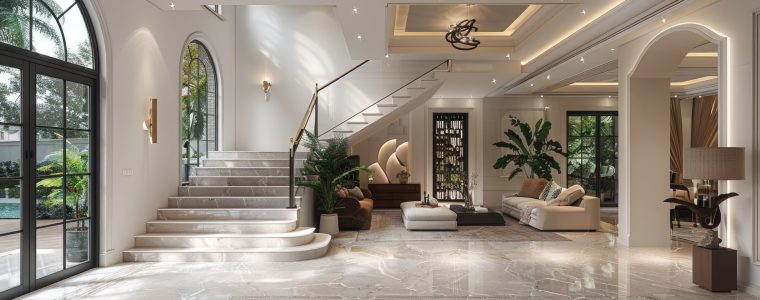 villa entrance Hall dimensions are 4.90 x 7.50 meters and include the presence of stairs. --ar 16:9 --style raw --stylize 750 Job ID: ad02c972-fa7a-4dce-beb4-c8741240afa2
