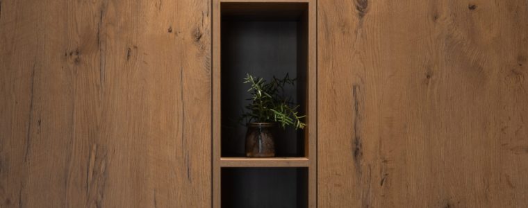 Close up of wooden kitchen cabinets with open shelves and decorative plants. Natural minimal style suitable for furniture and interior concepts.